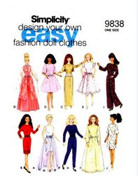 digital vintage sewing patterns simplicity 9838 clothes for barbie and fashion dolls 11 1\2 inches