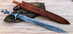 custom hand forged, damascus steel functional viking sword 32 inches, battle ready swords, with sheath gifts for father