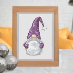 gnome with the moon, gnome cross stitch, cross stitch pattern, counted cross stitch, counted cross stitch