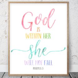 god is within her she will not fall, psalm 46:5, bible verse printable art, scripture prints, christian gifts, kids room