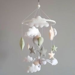 handmade bunny baby mobile green gray nursery decor crib hanging balloon toy