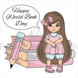 book girl world book day children vector illustration set