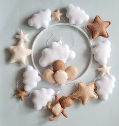 felt baby mobile with bunny ballons stars clouds braun nursery decor crib baby mobile baby shower gift