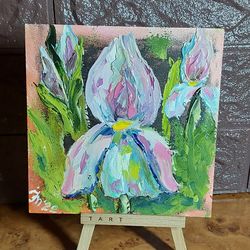 original oil painting flowers. iris. hand painted small painting art 6" x 6"