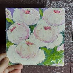 original oil painting flowers. peonies. hand painted small painting 6" x 6"