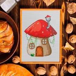 mushroom house, gnome house, cross stitch pattern, fairy house, gnome cross stitch, modern cross stitch