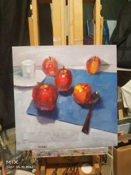 original oil painting the great five  still life with fruit apples bright oil painting wall art