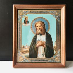 venerable seraphim of sarov | lithography print in wooden frame covered with glass | size: 24x20 cm/ 9.5"x7.8"