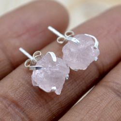 raw rose quartz gemstone women earrings, raw stone handmade stud earrings, gift for daughter mom her