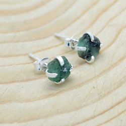 emerald gemstone women earrings, raw stone handmade stud earrings, gift for daughter mom her