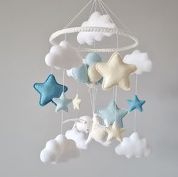 felt nursery mobile with bunny ballons stars clouds blue baby decor crib baby mobile baby shower gift