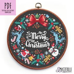 christmas wreath cross stitch pattern pdf, merry christmas ornament. new year cross stitch pattern for black canvas