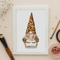 leopard gnome, cross stitch pattern, cross stitch pdf, counted cross stitch, leopard print