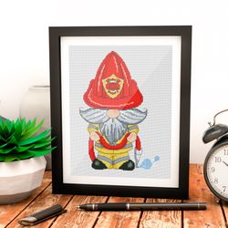 firefighter, gnome cross stitch, cross stitch pattern, counted cross stitch, firefighter cross stitch