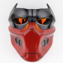 red hood outlaw mask, superhero costume, battle damaged, halloween mask