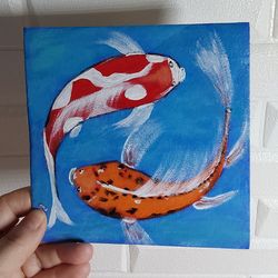 original acrylic painting feng shui. koi carps. handmade wall art 6 x 6