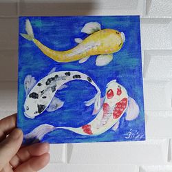 original acrylic painting feng shui. koi carps. handmade wall art 6 x 6