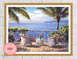 cross stitch pattern,palm terrace,landscape,seaside,ocean view,palm trees,pdf instant download , x stitch chart