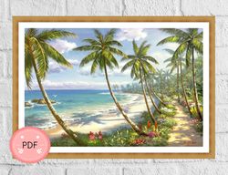 cross stitch pattern,landscape,seaside,ocean view,palm trees,pdf instant download , x stitch chart