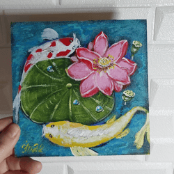 original acrylic painting feng shui. koi carps. lotus. handmade wall art 6 x 6