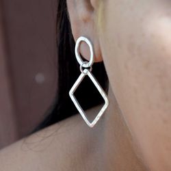 square hammered earrings, 925 sterling silver  women handmade earrings