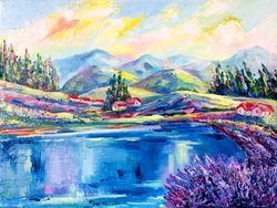 original painting landscape lavender lake mountains morning