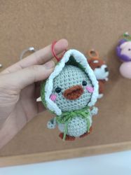 knitted toys baby duck wearing green winter hat, crochet duck,cute doll, woodland animals knitted toys,crochet bagcharm,