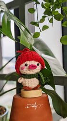 knitted toys baby duck wearing red winter hat, crochet duck,cute doll, woodland animals knitted toys,crochet bagcharm