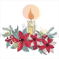 candle merry christmas flower bouquet vector illustration set