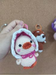 knitted toys baby duck wearing pink winter hat, crochet duck,cute doll, woodland animals knitted toys,crochet bagcharm,