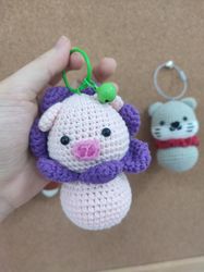 knitted toys baby pig wearing purple flower hat, crochet duck,cute doll, woodland animals knitted toys,crochet