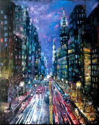 painting night landscape of new york. original oil painting on black canvas night city