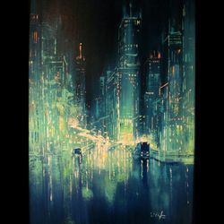 cyberpunk painting "malachite city" original oil painiting on canvas modern city painting art by "walperion paintings"