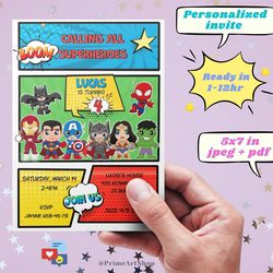 superhero birthday invitation, avengers baby digital invite, personalized invitation card, comic book kids birthday