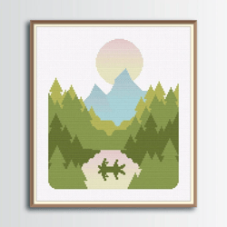 camping cross stitch pattern 2, mountains cross stitch, canoe, fishing, digital pdf