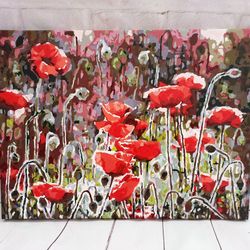 vibrant acrylic painting field of poppies, abstract painting poppy field, vibrant acrylic poppy field art for home decor