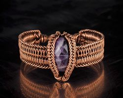 natural faceted amethyst bracelet, wire wrapped art copper bracelet for woman, unique woven wire bracelet, handmade