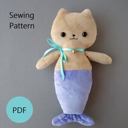 plush animal sewing pattern mermaid cat - beginner friendly