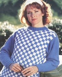 vintage ladies cardigan knitting pattern, checker knitted pullover, knitting pattern sweater blouse pattern, download