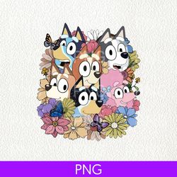 bluey friends floral png, animated show png, bluey family clothing, bluey character, friends of bluey png, bluey party