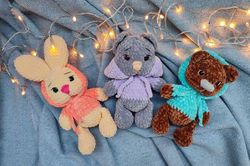 3 cat, bunny, bear crochet patterns, crochet bunny pdf, crochet bear pdf, crochet cat pdf, set of 3 crochet pattern toys