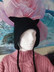 kitty hat with ears hand knitted adult bonnet for women crochet cat ear hat black wool hat hood with ties