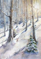 winter landscape rabbit painting winter original watercolor painting winter painting magic sunny painting wall art