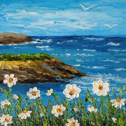 miniature painting "sea and daisies" palette knife original art wall art landscape painting daisies pasty painting sea