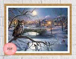 owl cross stitch pattern , edge of town, pdf instant download , x stitch chart,animal,winter scene