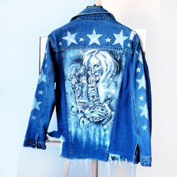 hand painted women jacket, jean jacket broadway, denim jacket, girl clothing, fabric painted clothes,wearable art,custom