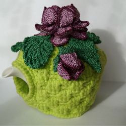 tea cozy, flower basket-tea cup, flowers knitted tea cozy, crochet tea cozy