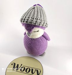 woovy crochet dark purple amigurumi penguin doll with scarf & hat