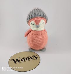 woovy crochet peach colour amigurumi penguin doll with scarf & hat