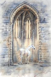 white horse painting, original watercolor painting, white horse watercolor, stallion drawing, old castle painting